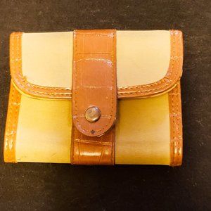 Brown faux leather and canvas wallet